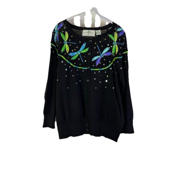 Design Options Sweaters - Vintage 90s Design Options Whimsy Cardigan Sweater Dragonfly Embellished